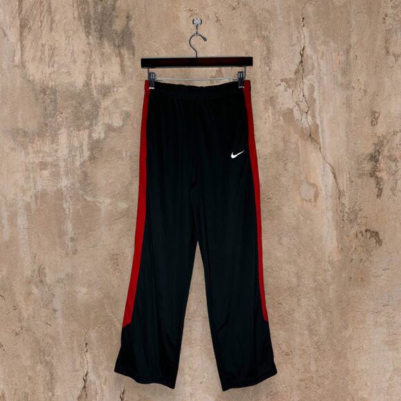 Nike Sweatpants Jet Black Polyester White Swoosh Crimson Red Baggy Dri Fit Youth - Picture 2 of 5